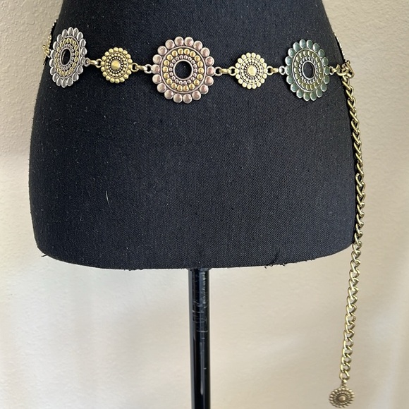 Women’s Chainlink Silver Gold Tone Reversible Floral Details Belt 70s Look Feel - Picture 9 of 15